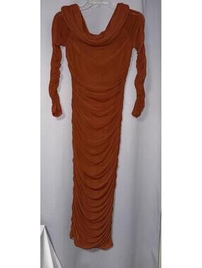 Pretty Garden Rust Brown Ruched Long Sleeve Maxi Off the Shoulder Dress